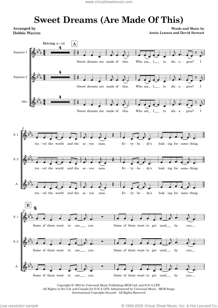 Sweet Dreams (Are Made Of This) (arr. Debbie Warren) - SSA (COMPLETE) sheet music for orchestra/band (SSA) by Annie Lennox, Dave Stewart, Debbie Warren and The Eurythmics, intermediate skill level