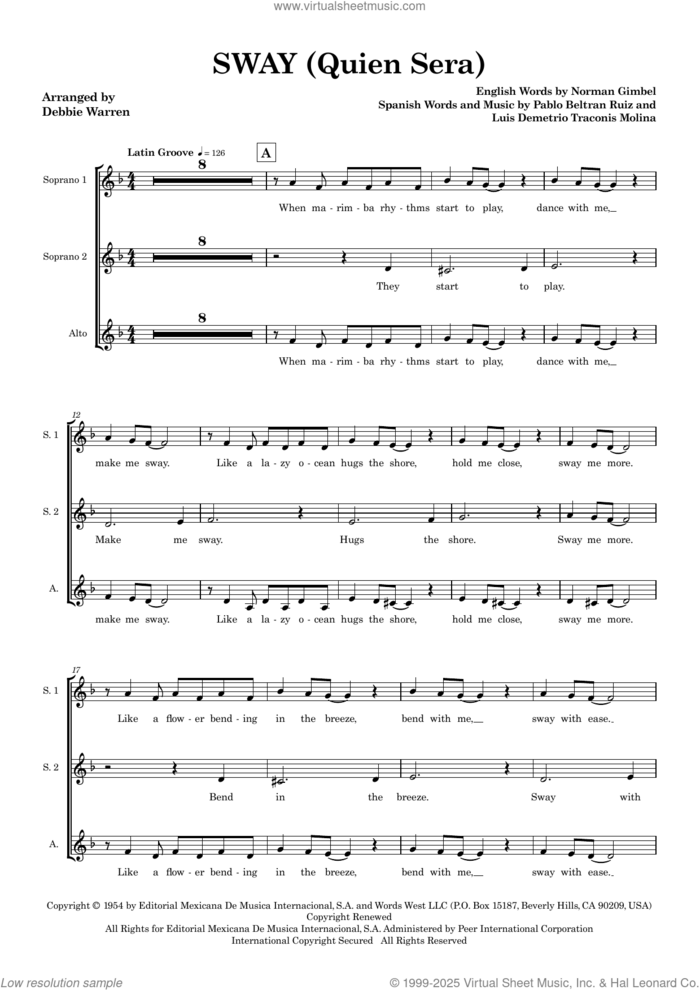 Sway (Quien Sera) (arr. Debbie Warren) (SAB) (COMPLETE) sheet music for orchestra/band (SAB) by Norman Gimbel, Debbie Warren, Luis Demetrio Traconis Molina, Michael Buble and Pablo Beltran Ruiz, intermediate skill level