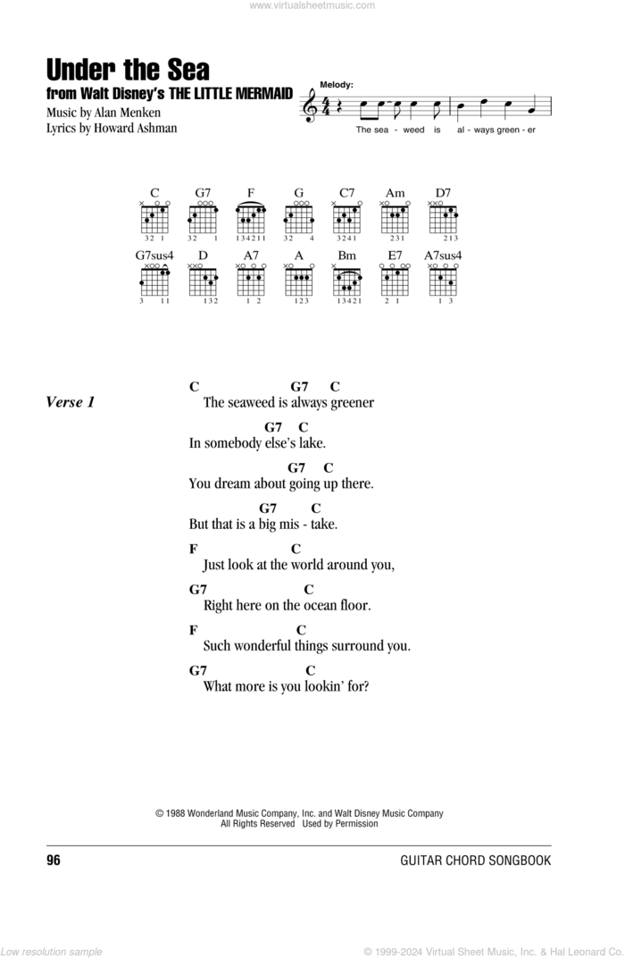 Under The Sea (from The Little Mermaid) sheet music for guitar (chords) by Alan Menken, The Little Mermaid (Movie) and Howard Ashman, intermediate skill level