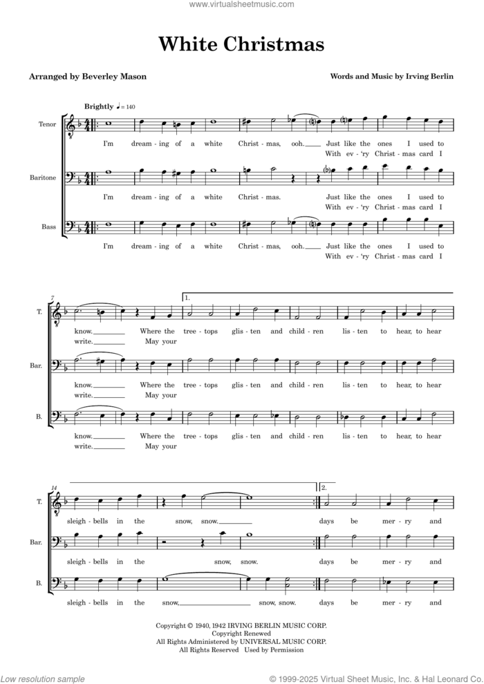 White Christmas (arr. Beverley Mason) sheet music for choir (TBB: tenor, bass) by Frank Sinatra, Beverley Mason and Irving Berlin, intermediate skill level