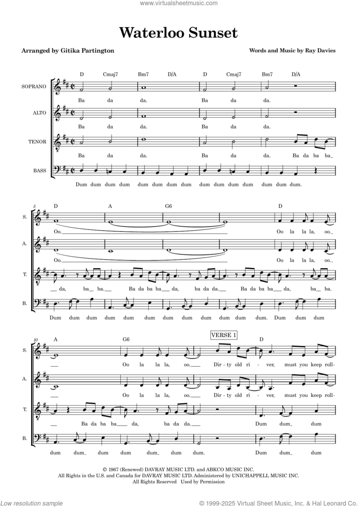 Waterloo Sunset (arr. Gitika Partington) sheet music for choir (SATB: soprano, alto, tenor, bass) by The Kinks, Gitika Partington and Ray Davies, intermediate skill level