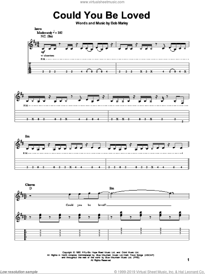 Could You Be Loved sheet music for guitar (tablature, play-along) by Bob Marley and Bob Marley and The Wailers, intermediate skill level