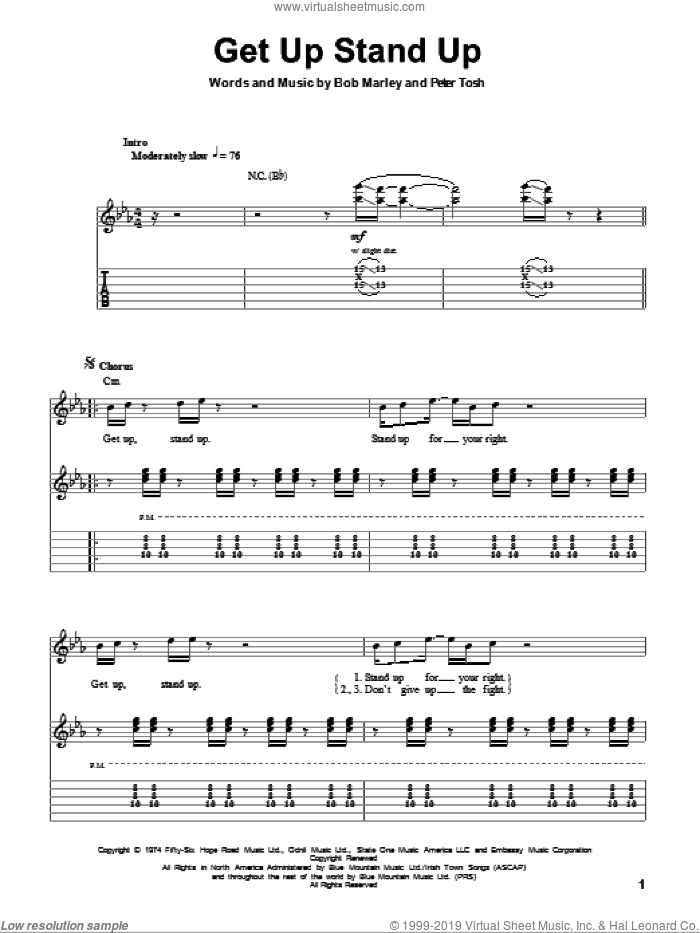 Get Up Stand Up sheet music for guitar (tablature, play-along) by Bob Marley and Peter Tosh, intermediate skill level