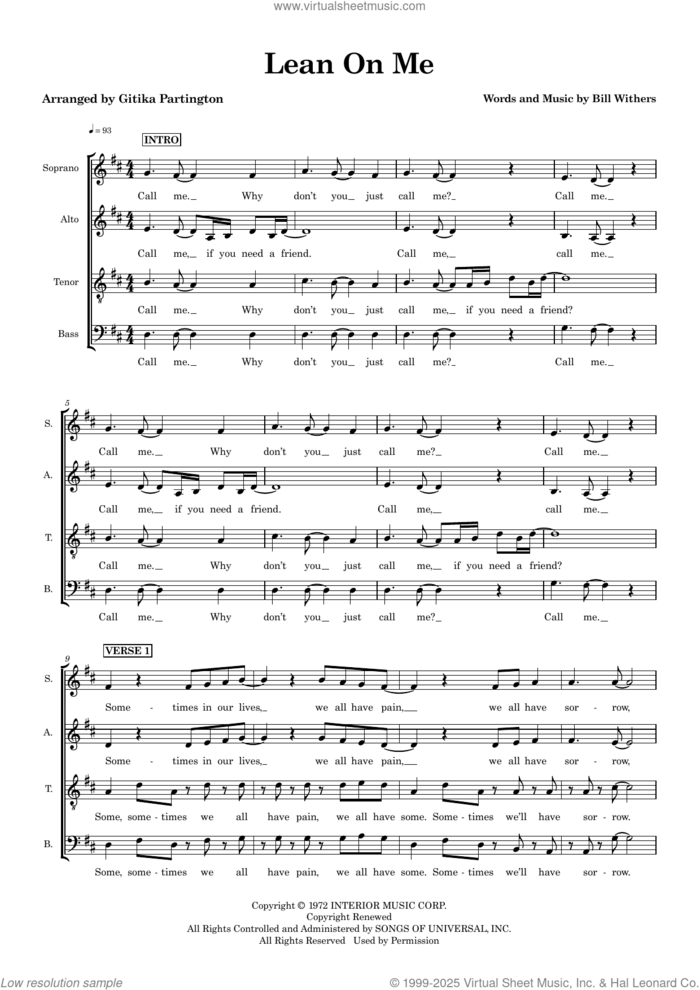 Lean On Me (arr. Gitika Partington) sheet music for choir (SATB: soprano, alto, tenor, bass) by Bill Withers and Gitika Partington, intermediate skill level