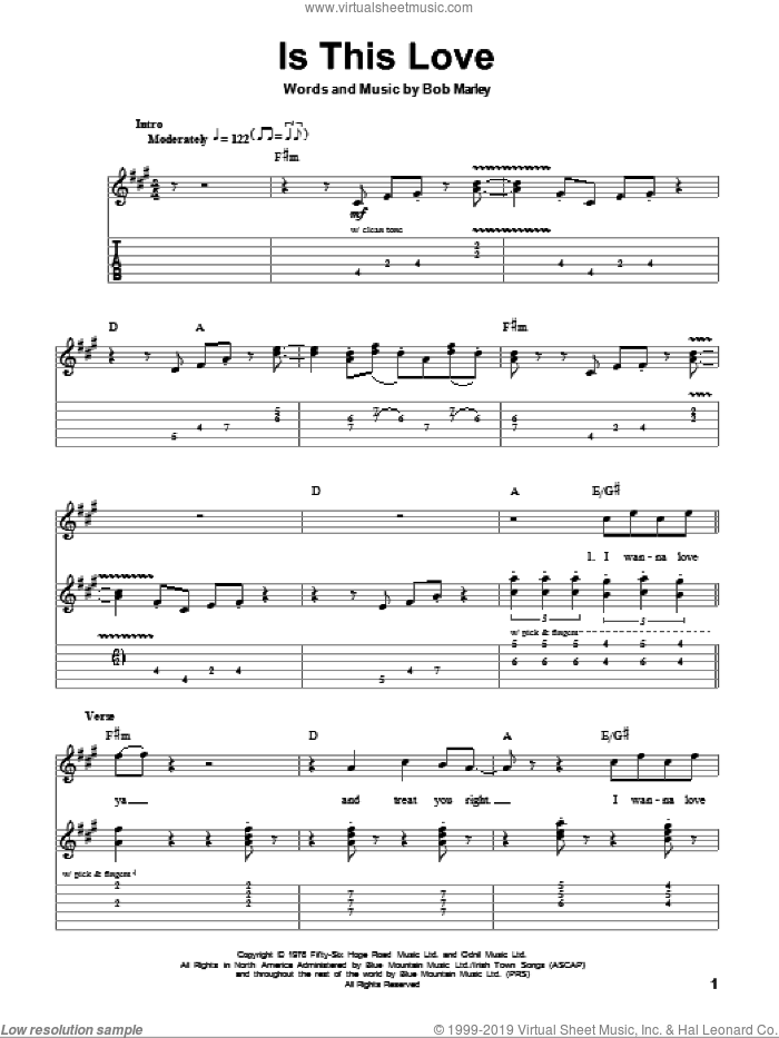 Is This Love sheet music for guitar (tablature, play-along) by Bob Marley, intermediate skill level