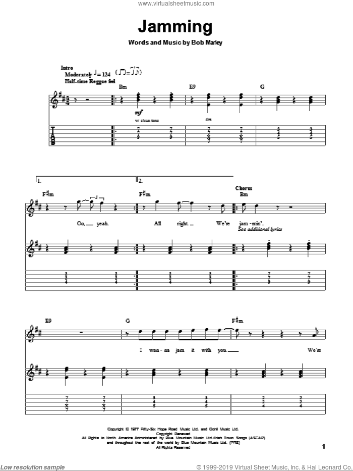 Jamming sheet music for guitar (tablature, play-along) by Bob Marley, intermediate skill level