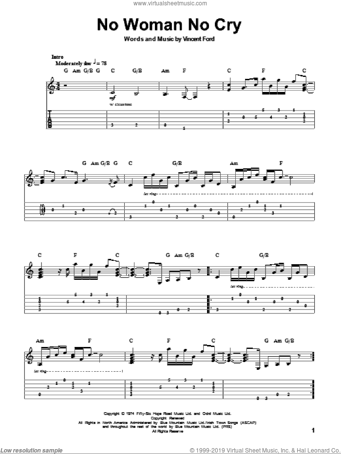 No Woman No Cry sheet music for guitar (tablature, play-along) by Bob Marley and Vincent Ford, intermediate skill level