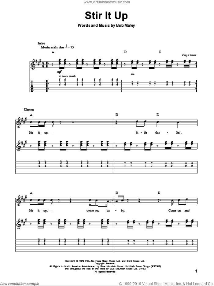 Stir It Up sheet music for guitar (tablature, play-along) by Bob Marley, intermediate skill level