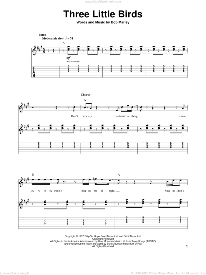 Three Little Birds sheet music for guitar (tablature, play-along) by Bob Marley, intermediate skill level
