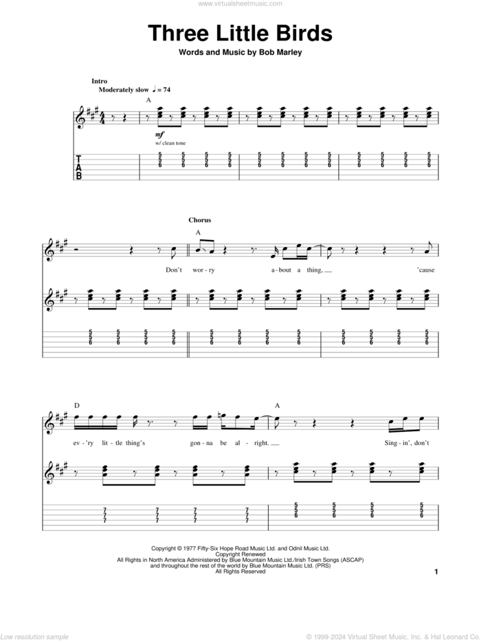 Three Little Birds sheet music for guitar (tablature, play-along) by Bob Marley, intermediate skill level