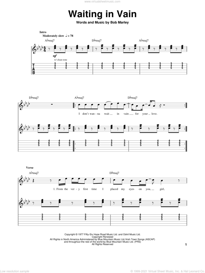 Waiting In Vain sheet music for guitar (tablature, play-along) by Bob Marley, intermediate skill level