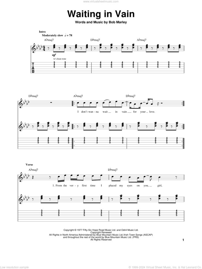 Waiting In Vain sheet music for guitar (tablature, play-along) by Bob Marley, intermediate skill level