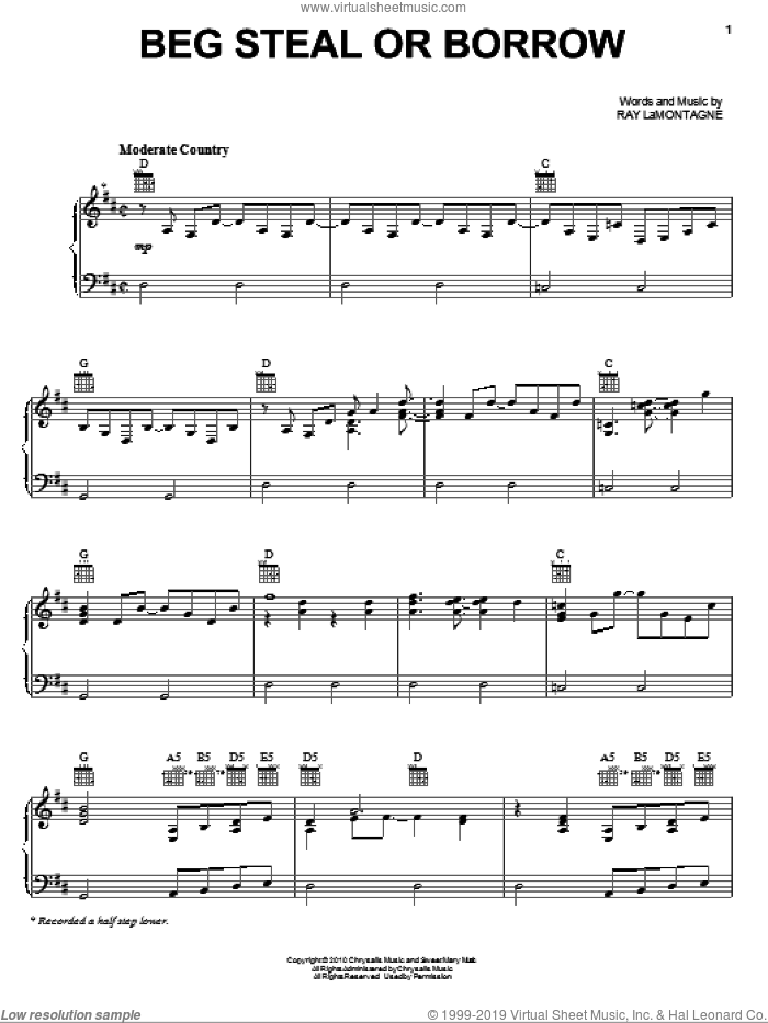 Beg Steal Or Borrow sheet music for voice, piano or guitar by Ray LaMontagne and The Pariah Dogs and Ray LaMontagne, intermediate skill level