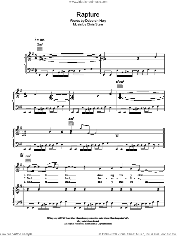 Rapture sheet music for voice, piano or guitar by Blondie, Chris Stein and Deborah Harry, intermediate skill level