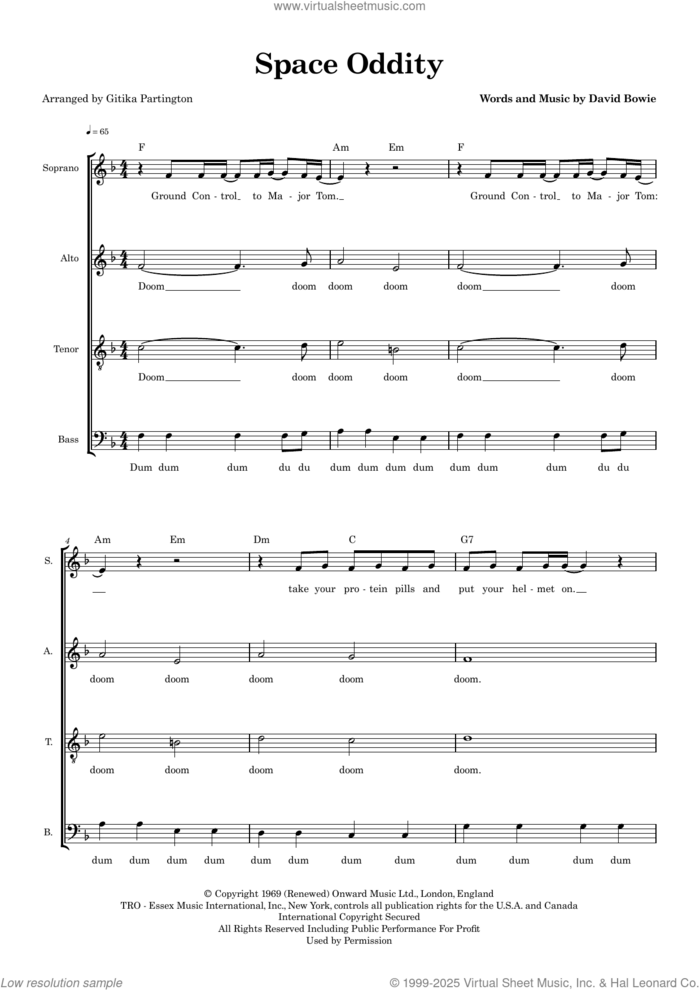 Space Oddity (arr. Gitika Partington) sheet music for choir (SATB: soprano, alto, tenor, bass) by David Bowie and Gitika Partington, intermediate skill level
