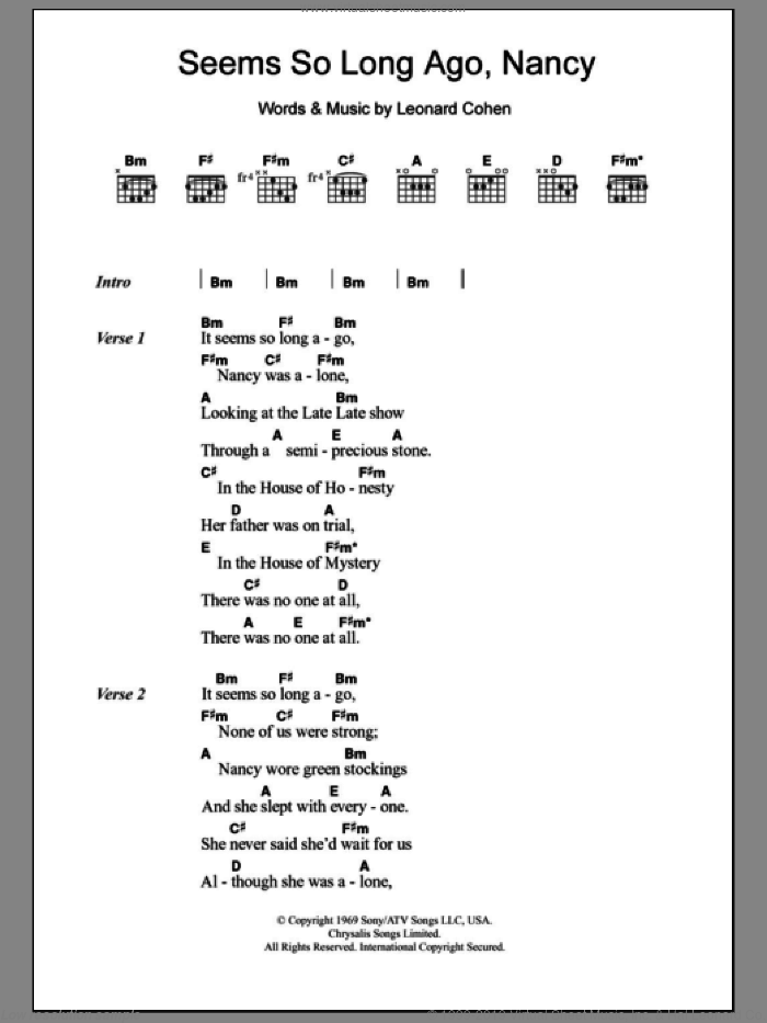 Seems So Long Ago, Nancy sheet music for guitar (chords) by Leonard Cohen, intermediate skill level