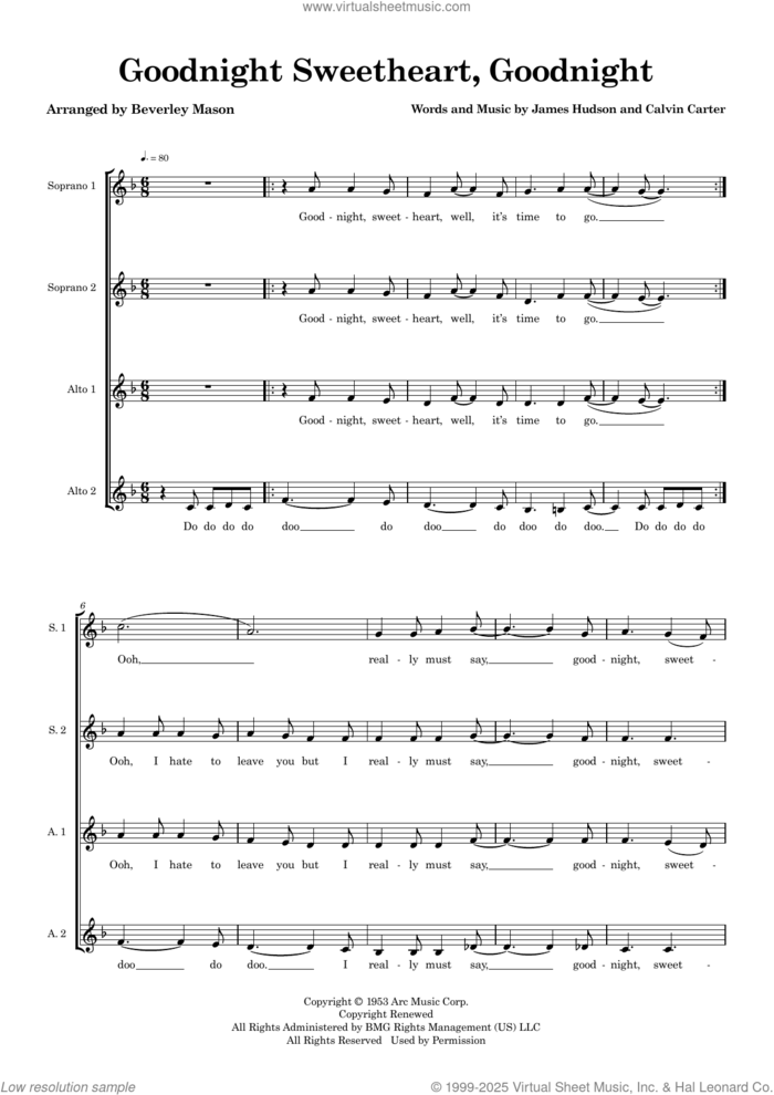 Goodnight Sweetheart, Goodnight (arr. Beverley Mason) sheet music for choir by The Spaniels, Beverley Mason, Calvin Carter and James Hudson, intermediate skill level