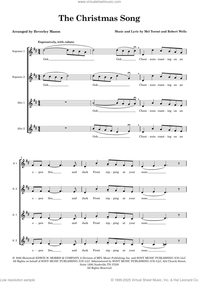 The Christmas Song (arr. Beverley Mason) sheet music for choir (SSAA: soprano, alto) by Robert Wells, Beverley Mason and Mel Torme, intermediate skill level