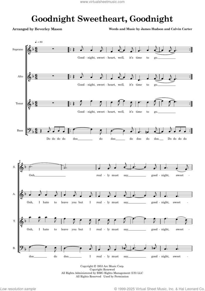 Goodnight Sweetheart, Goodnight (arr. Beverley Mason) sheet music for choir by The Spaniels, Beverley Mason, Calvin Carter and James Hudson, intermediate skill level