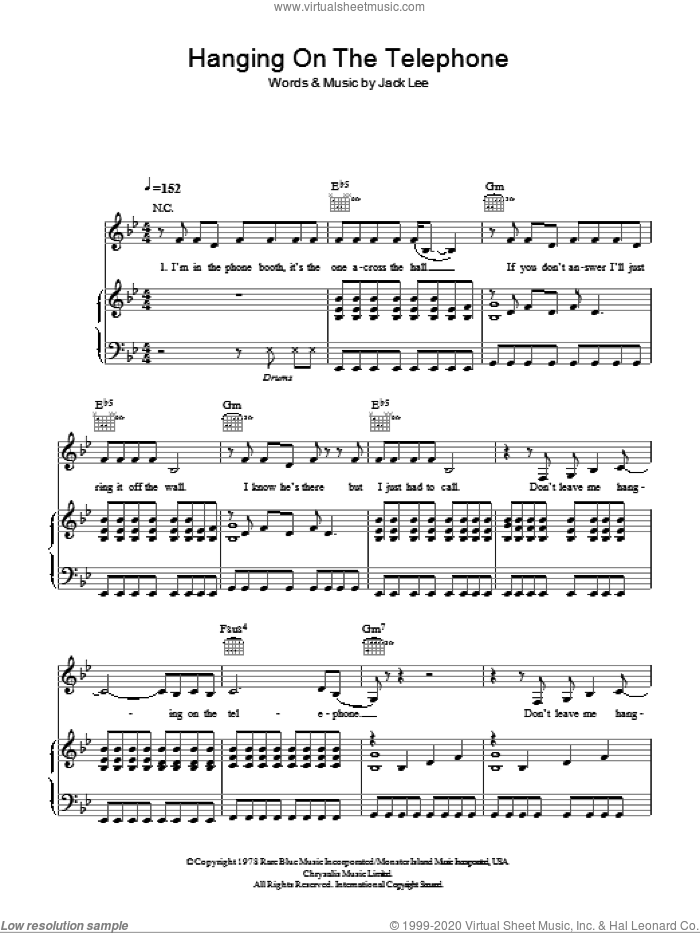 Hanging On The Telephone sheet music for voice, piano or guitar by Blondie and Jack Lee, intermediate skill level
