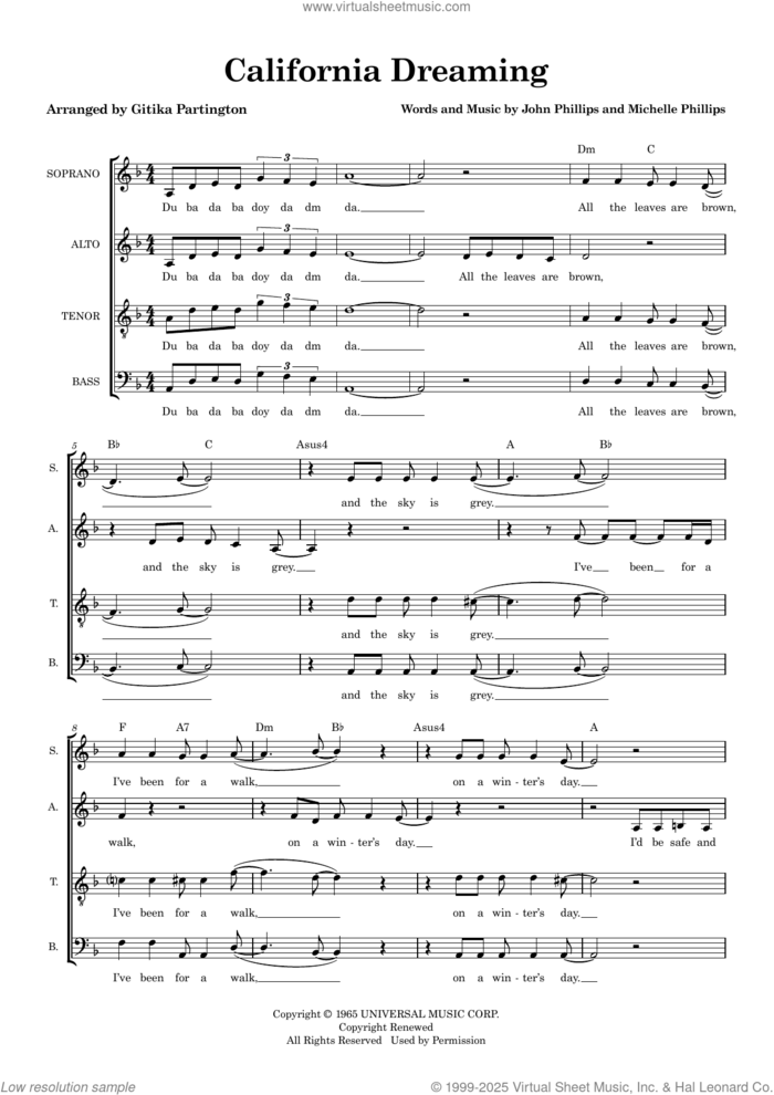 California Dreaming (arr. Gitika Partington) sheet music for choir (SATB: soprano, alto, tenor, bass) by The Mamas & The Papas, Gitika Partington, John Phillips and Michelle Phillips, intermediate skill level