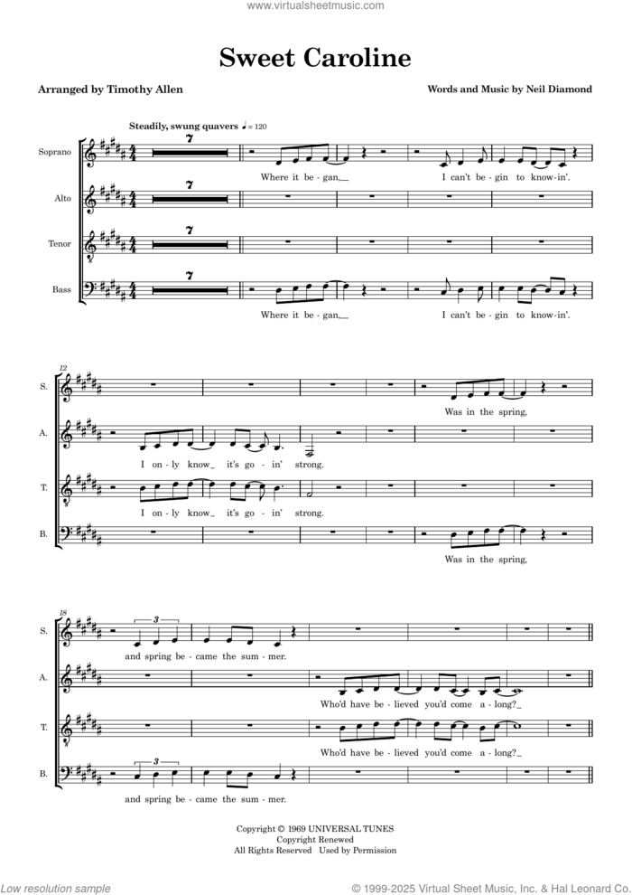 Sweet Caroline (arr. Tim Allen) (SAATB) (COMPLETE) sheet music for orchestra/band (SAATB) by Neil Diamond and Tim Allen, intermediate skill level