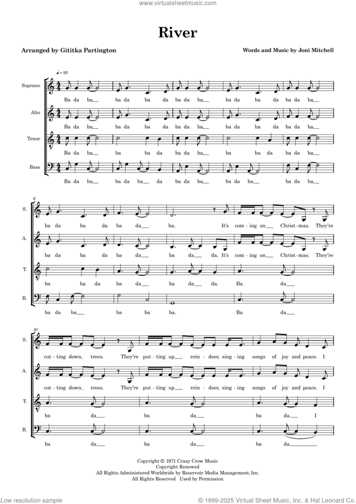 River (arr. Gitika Partington) sheet music for choir (SATB: soprano, alto, tenor, bass) by Joni Mitchell and Gitika Partington, intermediate skill level