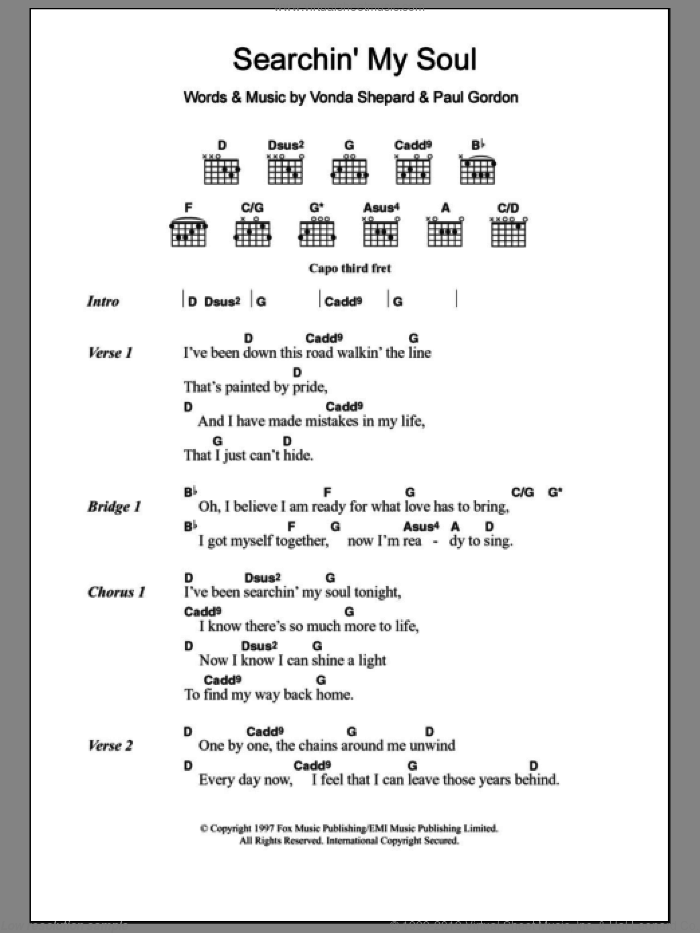 Searchin' My Soul sheet music for guitar (chords) by Vonda Shepard and Paul Gordon, intermediate skill level