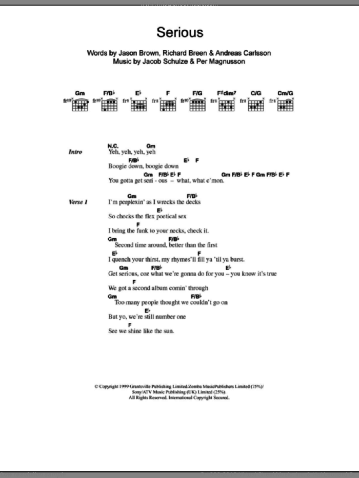 Serious sheet music for guitar (chords) by Ben Folds Five, Andreas Carlsson, Jacob Schulze, Jason Brown, Per Magnusson and Richard Breen, intermediate skill level