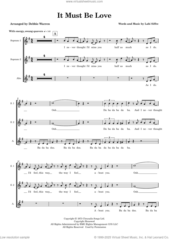 It Must Be Love (arr. Debbie Warren) (SSA) (COMPLETE) sheet music for orchestra/band (SSA) by Madness, Debbie Warren and Labi Siffre, intermediate skill level