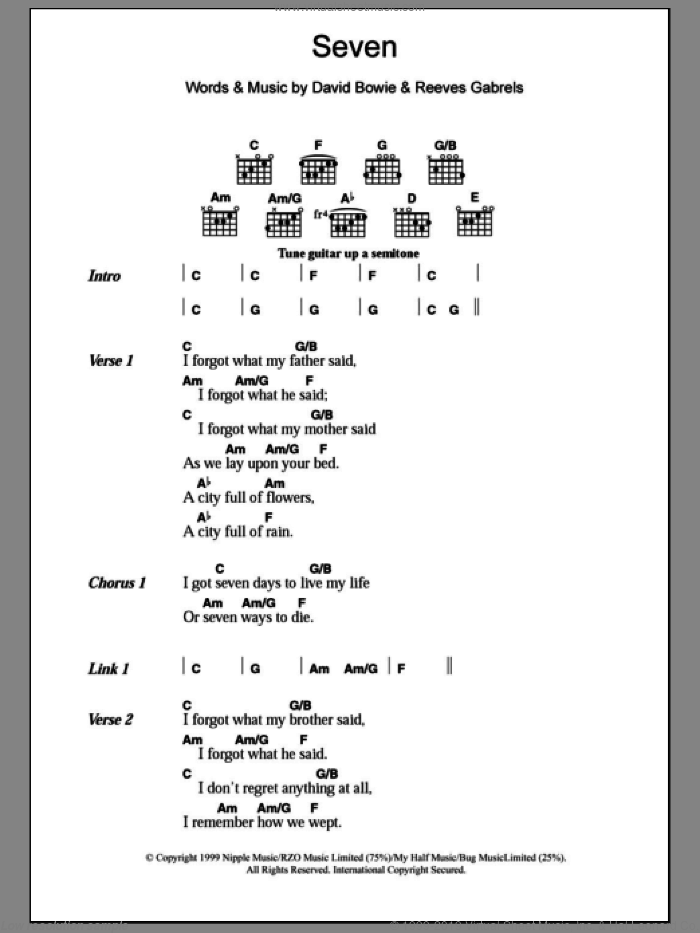 Seven sheet music for guitar (chords) by David Bowie and Reeves Gabrels, intermediate skill level