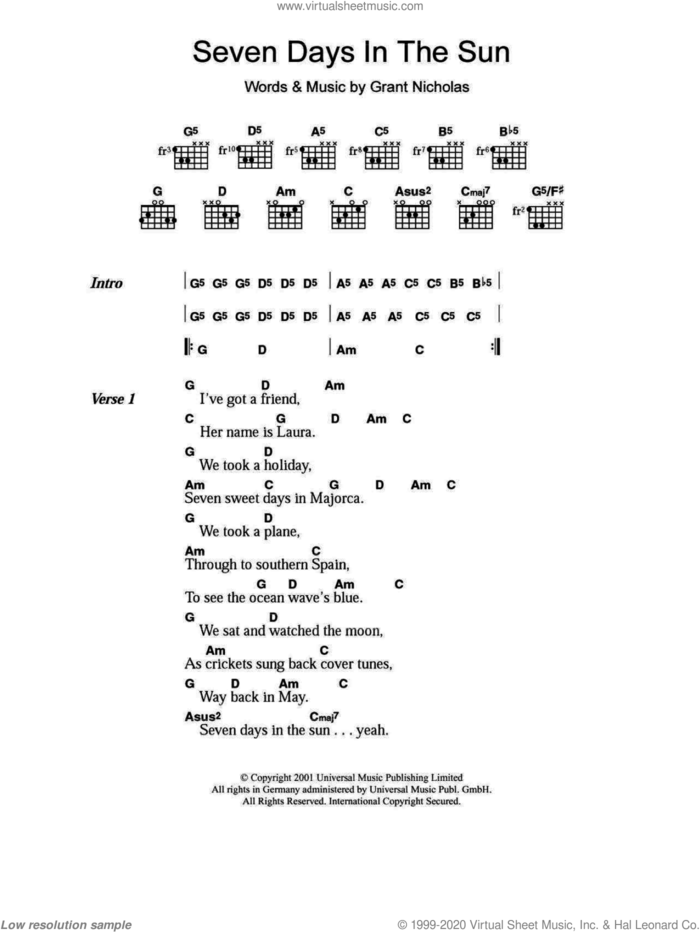 Seven Days In The Sun sheet music for guitar (chords) by Feeder and Grant Nicholas, intermediate skill level