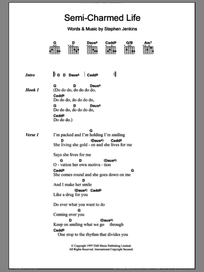 Semi-Charmed Life sheet music for guitar (chords) by Third Eye Blind and Stephan Jenkins, intermediate skill level