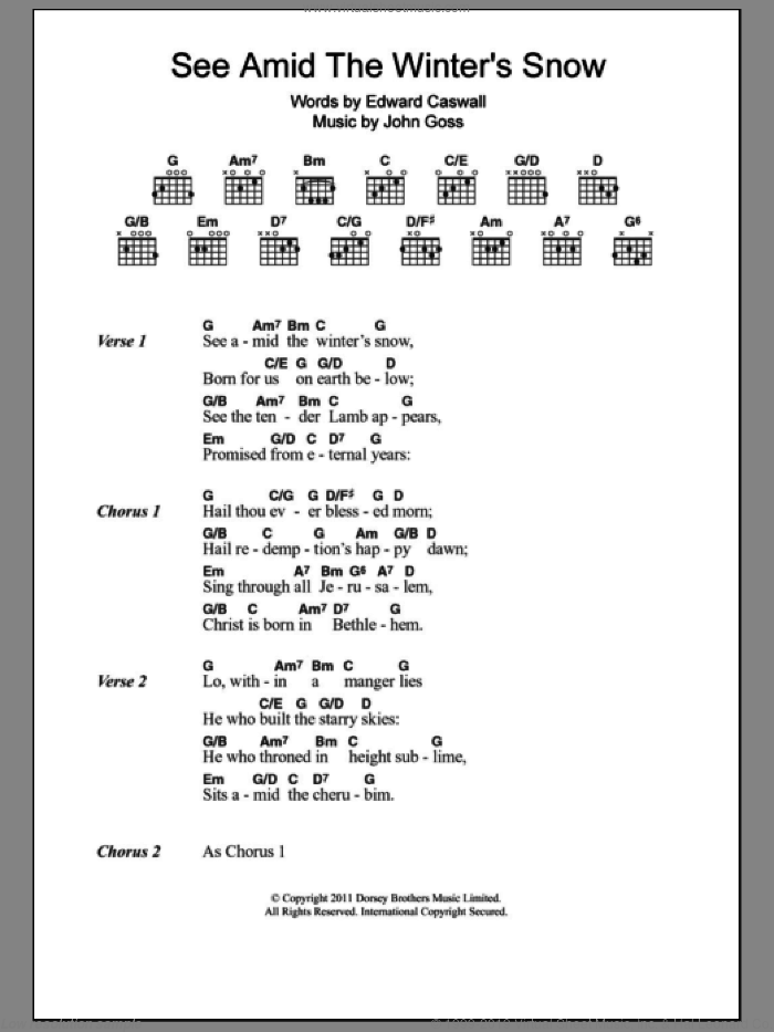 See Amid The Winter's Snow sheet music for guitar (chords) by Edward Caswall and John Goss, intermediate skill level