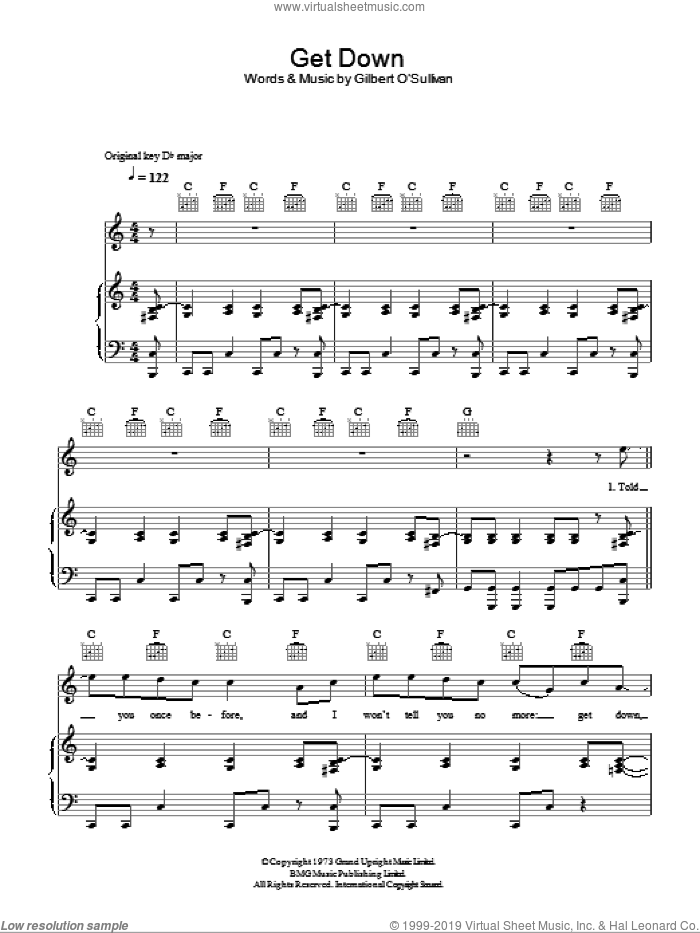 Get Down sheet music for voice, piano or guitar by Gilbert O'Sullivan, intermediate skill level