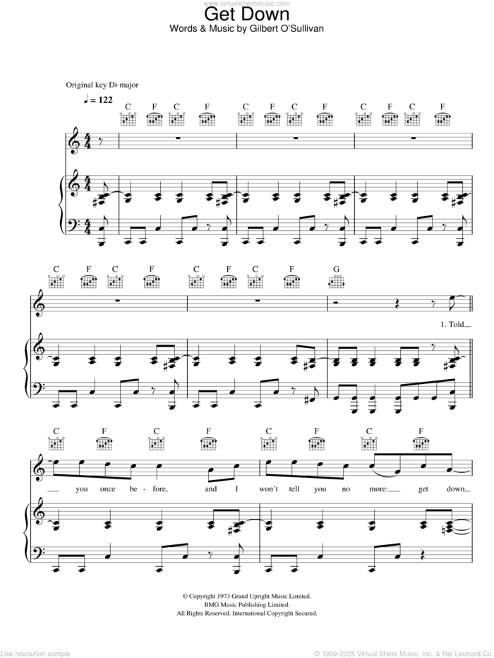 Get Down sheet music for voice, piano or guitar by Gilbert O'Sullivan, intermediate skill level