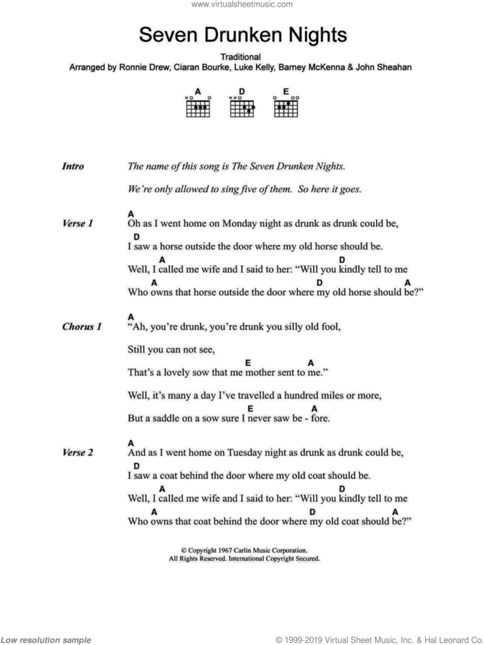 Seven Drunken Nights sheet music for guitar (chords) by The Dubliners, Barney McKenna, Ciaran Bourke, John Sheahan, Luke Kelly, Ronnie Drew and Miscellaneous, intermediate skill level