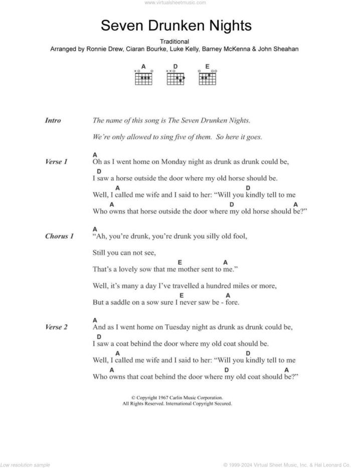 Seven Drunken Nights sheet music for guitar (chords) by The Dubliners, Barney McKenna, Ciaran Bourke, John Sheahan, Luke Kelly, Ronnie Drew and Miscellaneous, intermediate skill level