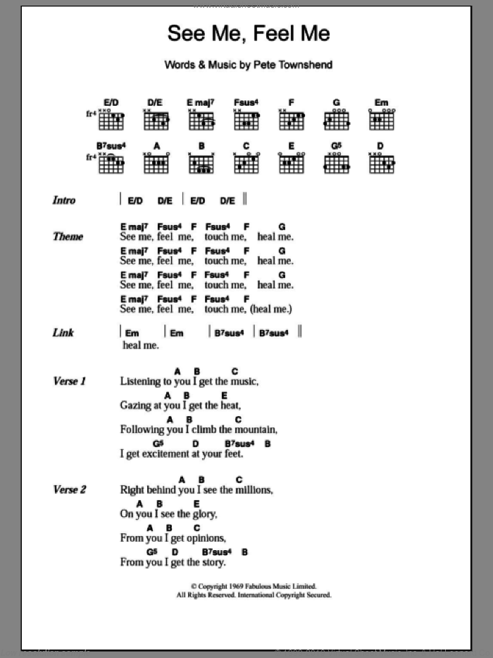 See Me, Feel Me sheet music for guitar (chords) by The Who and Pete Townshend, intermediate skill level