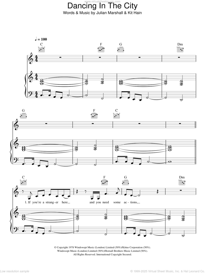 Dancing In The City sheet music for voice, piano or guitar by Marshall Hain, Julian Marshall and Kit Hain, intermediate skill level