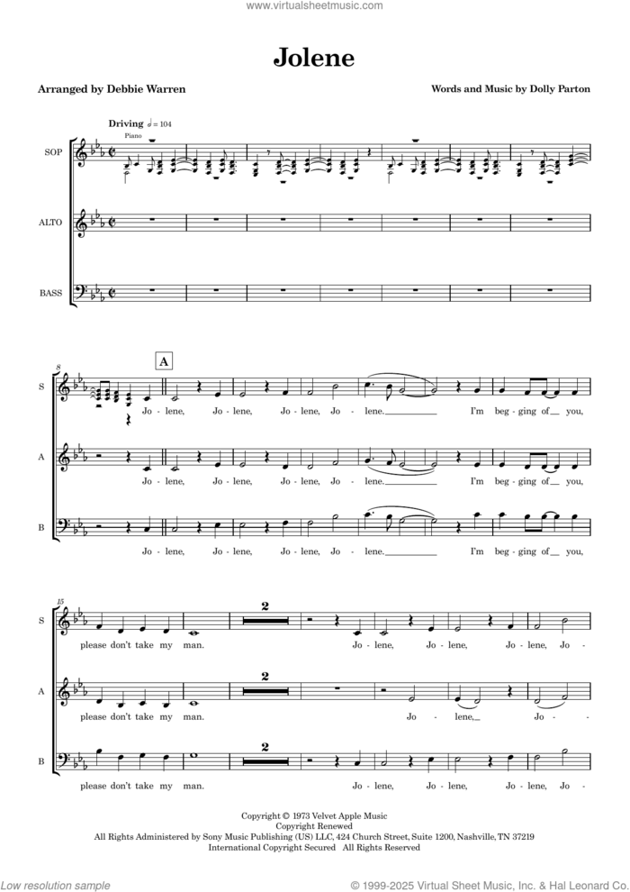 Jolene (arr. Debbie Warren) (SAB) (COMPLETE) sheet music for orchestra/band by Debbie Warren and Dolly Parton, intermediate skill level