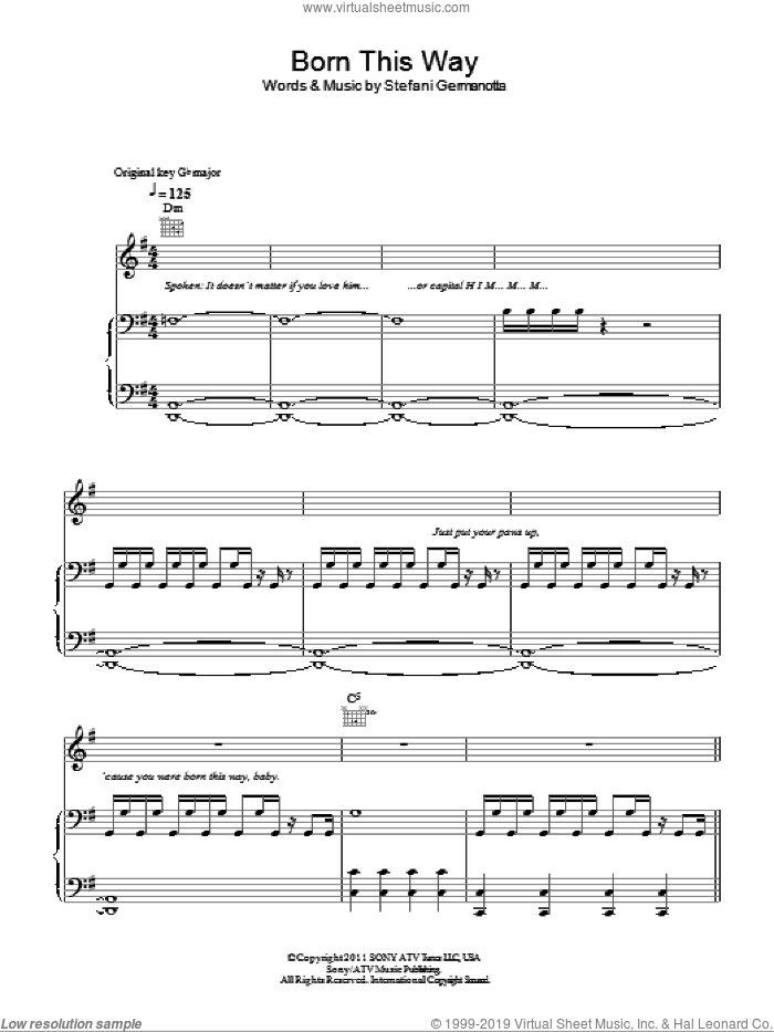 Born This Way sheet music for voice, piano or guitar by Lady GaGa, intermediate skill level