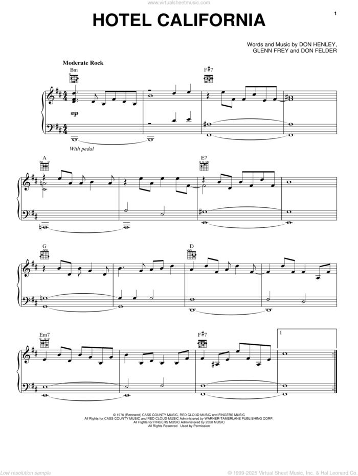 Hotel California sheet music for voice, piano or guitar by Don Henley, The Eagles, Don Felder and Glenn Frey, intermediate skill level