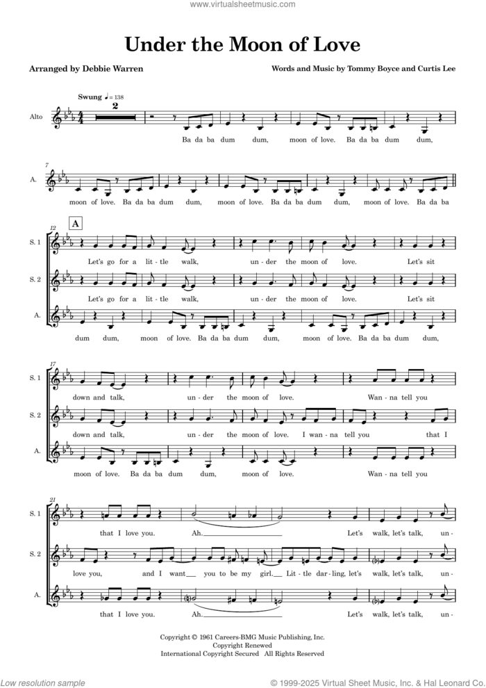 Under the Moon of Love (arr. Debbie Warren) (SSA) (COMPLETE) sheet music for orchestra/band by Showaddywaddy, Curtis Lee, Debbie Warren and Tommy Boyce, intermediate skill level