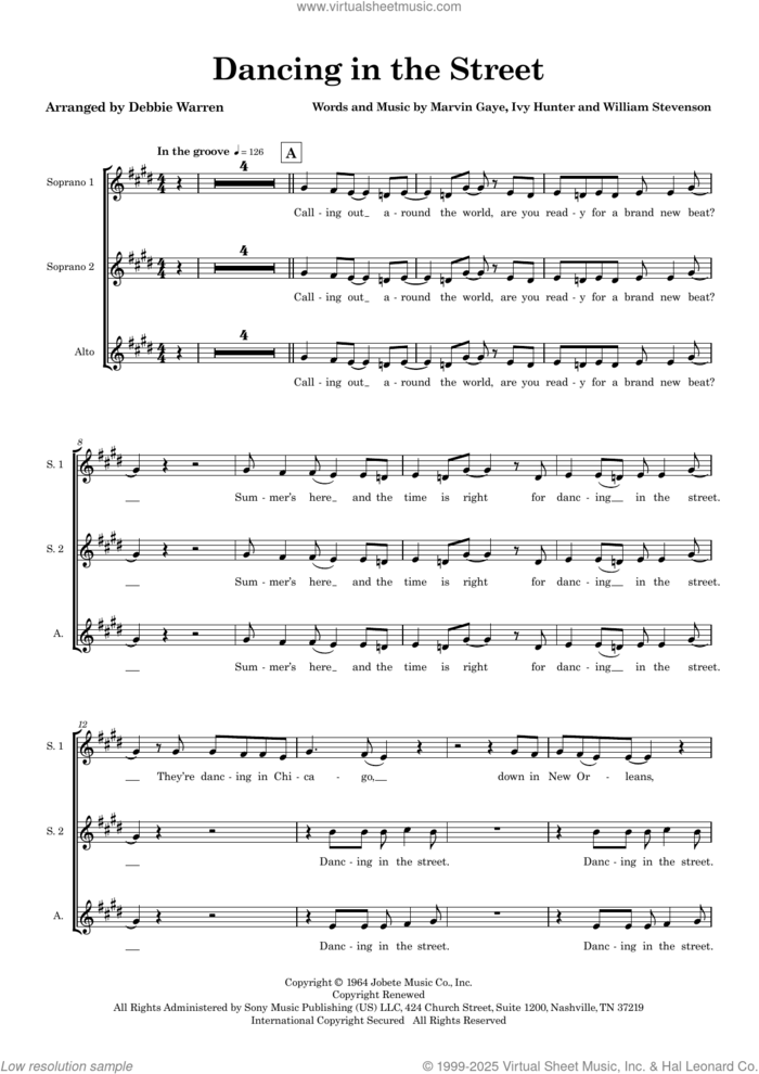 Dancing in the Street (arr. Debbie Warren) (SSA) (COMPLETE) sheet music for orchestra/band (SSA) by Martha Reeves & The Vandellas, Debbie Warren, Ivy Hunter, Marvin Gaye and William Stevenson, intermediate skill level