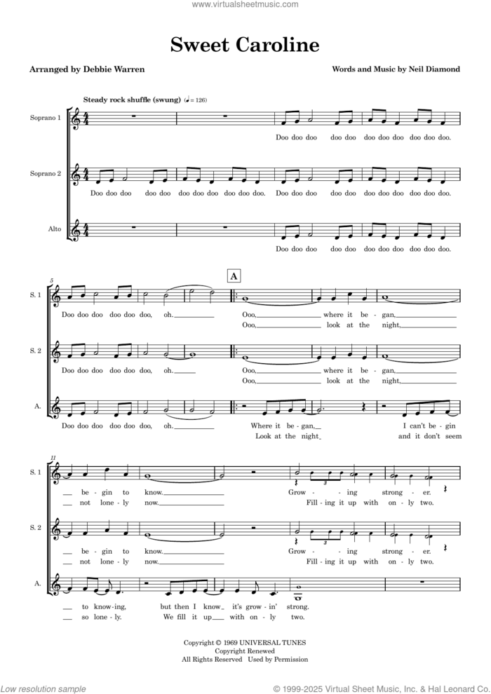 Sweet Caroline (arr. Debbie Warren) (SSA) (COMPLETE) sheet music for orchestra/band by Neil Diamond and Debbie Warren, intermediate skill level