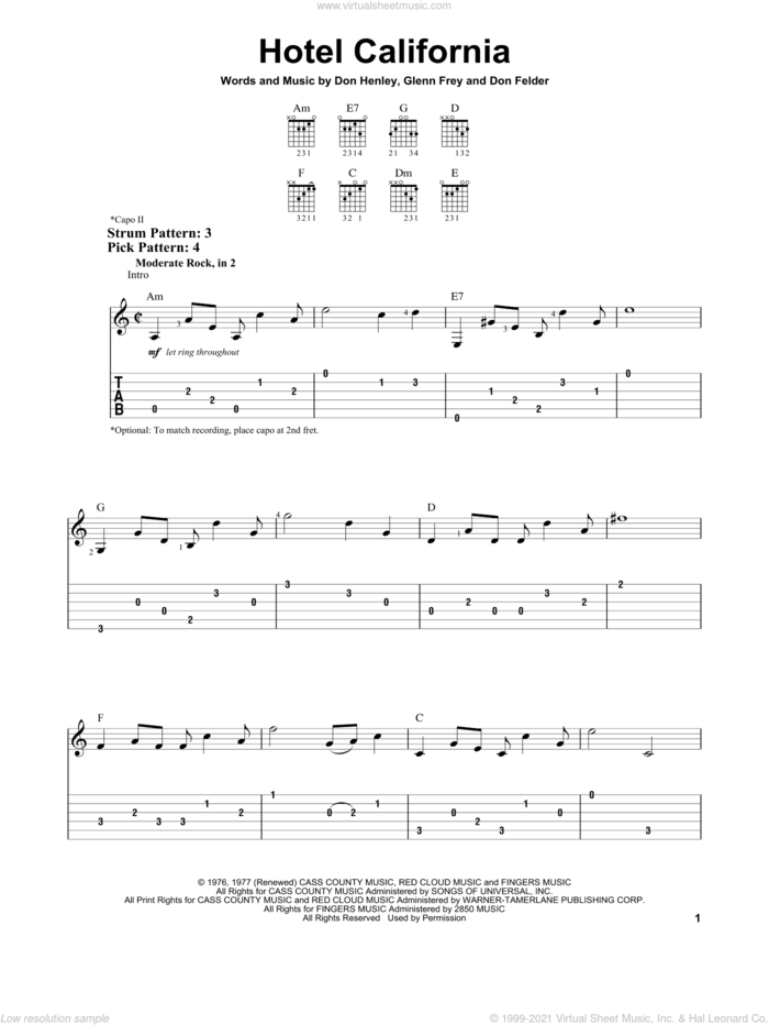 Hotel California sheet music for guitar solo (easy tablature) by Don Henley, The Eagles, Don Felder and Glenn Frey, easy guitar (easy tablature)