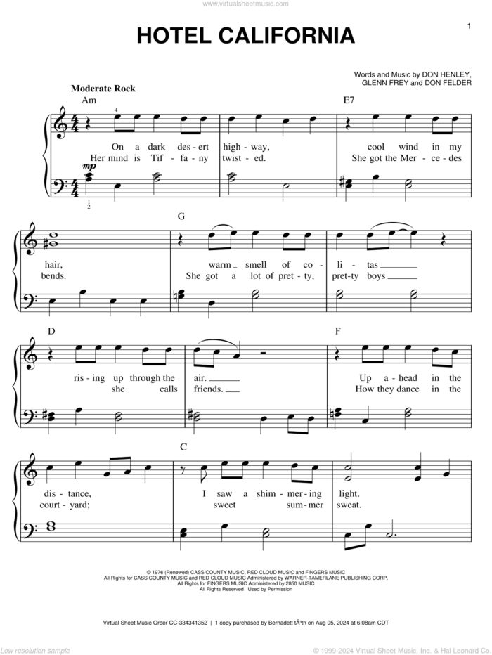 Hotel California, (easy) sheet music for piano solo by Don Henley, The Eagles, Don Felder and Glenn Frey, easy skill level