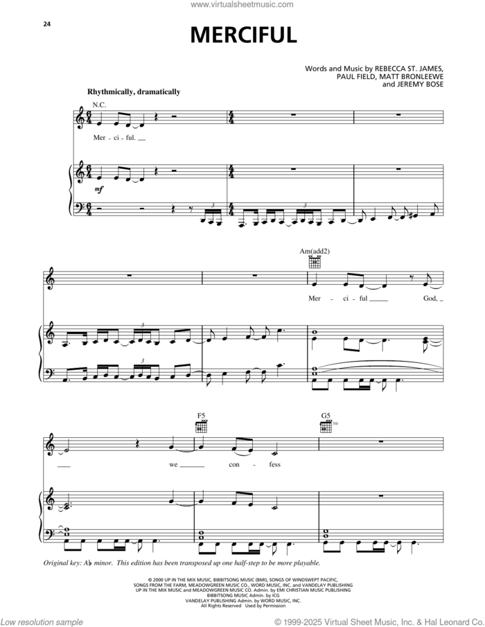 Merciful sheet music for voice, piano or guitar by Rebecca St. James, Jeremy Bose, Matt Bronleewe and Paul Field, intermediate skill level