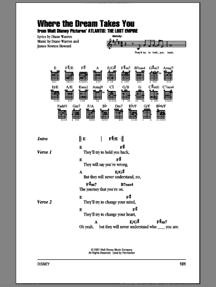 Where The Dream Takes You sheet music for guitar (chords) by Diane Warren and James Newton Howard, intermediate skill level